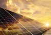 Solar panels reflect sparkling light and golden sky,Clean energy, and environment