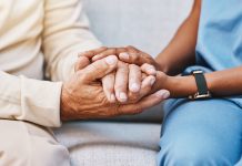 Nurse, hands and senior patient in empathy, safety and support of help, trust and healthcare consulting. Nursing home, counseling and gratitude for medical caregiver, client and hope in consultation