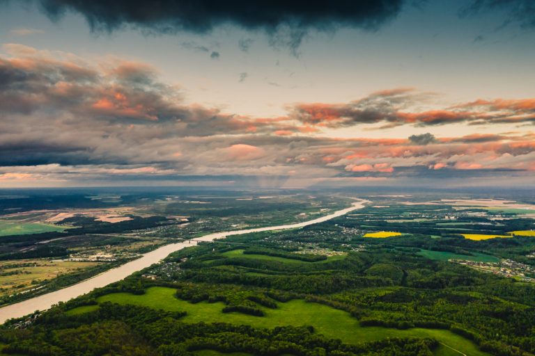 Green forest aerial view. Drone photography. Summer sky. Sustainability. Nature conservation. Morning