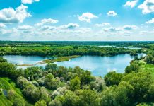 Drone view of Lakes Nature Reserve in UK