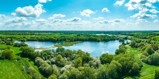 Drone view of Lakes Nature Reserve in UK