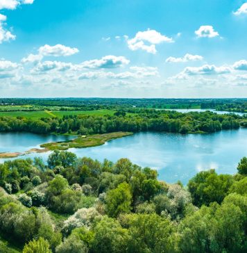 Drone view of Lakes Nature Reserve in UK