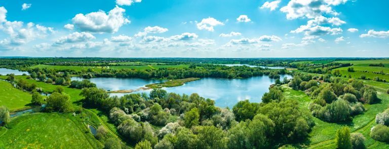 Drone view of Lakes Nature Reserve in UK