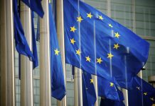 EU Flags Flying at the European Commission Building Brussels Belgium