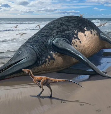 Illustration of an Ichthyotitan severnensis carcass washed up on a beach