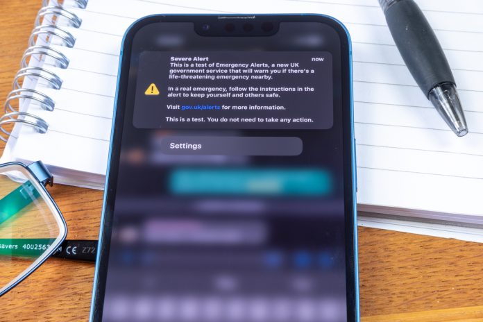 Southend, Essex, UK - 23rd April 2023: The UK government tests its new emergency alert system on mobile phones nationwide. mobile messaging