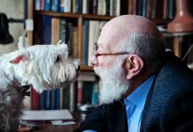 Senior Adult Man With His Dog, heart-to-heart talk.