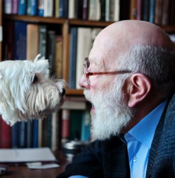 Senior Adult Man With His Dog, heart-to-heart talk.