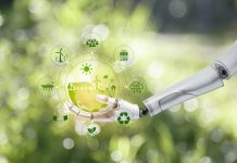 green energy system. AI machine learning, robotic hand touching world icon on green nature blur background. Net zero in 2050 year. Green energy icon around it. Net zero emission Idea innovative.
