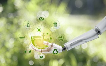 green energy system. AI machine learning, robotic hand touching world icon on green nature blur background. Net zero in 2050 year. Green energy icon around it. Net zero emission Idea innovative.