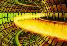 Atomic nuclei of hydrogen are accelerated in a tunnel reactor to hit each another to generate sun-like power. Illustration of nuclear fusion and its sustainability and clean energy