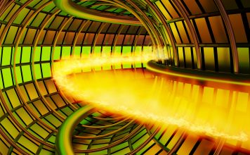 Atomic nuclei of hydrogen are accelerated in a tunnel reactor to hit each another to generate sun-like power. Illustration of nuclear fusion and its sustainability and clean energy