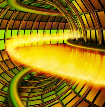 Atomic nuclei of hydrogen are accelerated in a tunnel reactor to hit each another to generate sun-like power. Illustration of nuclear fusion and its sustainability and clean energy