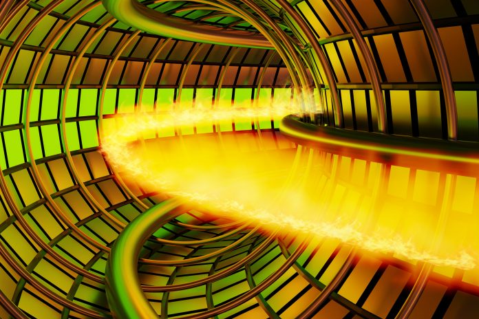 Atomic nuclei of hydrogen are accelerated in a tunnel reactor to hit each another to generate sun-like power. Illustration of nuclear fusion and its sustainability and clean energy