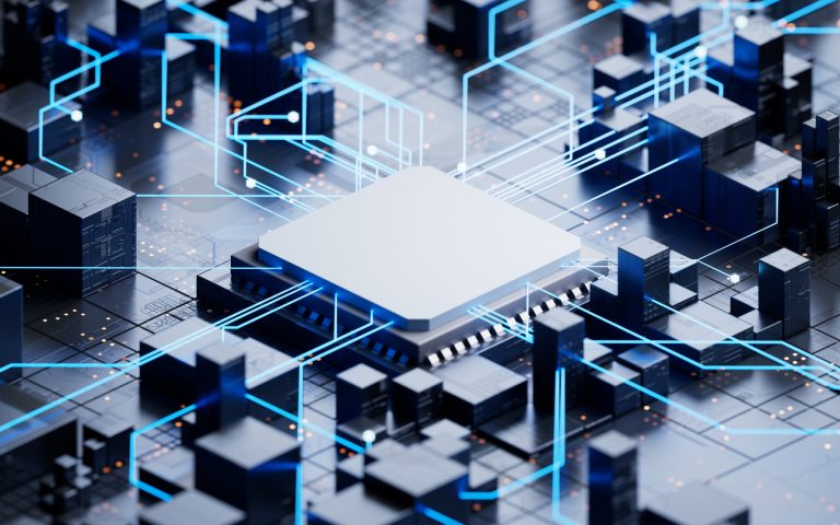 Technology circuit board and core, 3d rendering.