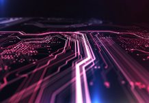 Technology background red and blue color, circuit board and code. 3d Illustration