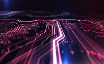 Technology background red and blue color, circuit board and code. 3d Illustration