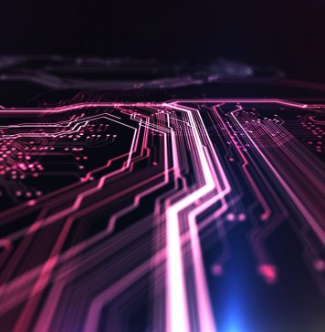 Technology background red and blue color, circuit board and code. 3d Illustration