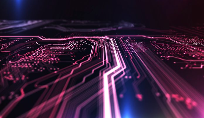 Technology background red and blue color, circuit board and code. 3d Illustration