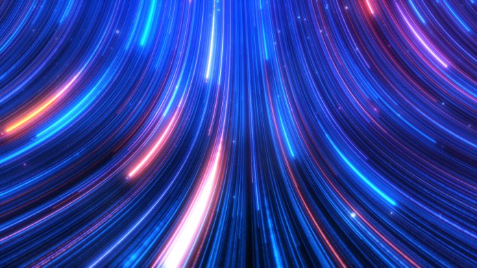 Abstract colorful glow light trail with blue red particles background.