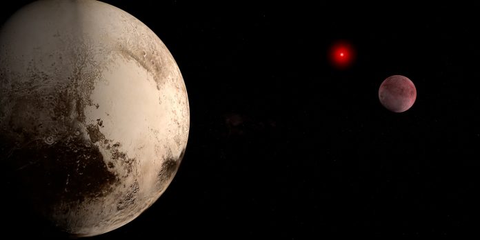 50000 Quaoar, dwarf planet, orbiting near Pluto planet. 3d render