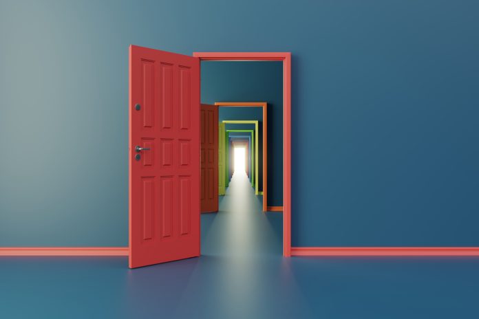 Multi colored opening doors symbolizing choice concept. procurement (3d render)