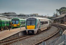 Trains on Drogheda macbride train station in ireland, on a line