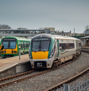 Trains on Drogheda macbride train station in ireland, on a line