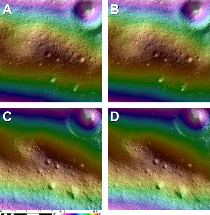 Cropped LOLA LDEM (a), (c) and SfS solution (b), (d) for the Malapert Massif candidate landing region, centered at 85.964°S, 357.681°E on a ridge near the summit of Mons Malapert. Both products show a central east–west ridgeline with primarily north- and south-facing slopes. Two hillshade images match illumination conditions of the low-Sun controlled NAC mosaic with subsolar longitude 315° [(a)–(b), Sun from top left] and 235° [(c)–(d), Sun from bottom left], elevation 5° above the horizon. Credit: The Planetary Science Journal (2024). DOI: 10.3847/PSJ/ad41b4