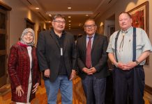 Navajo Technical University leaders at the Workshop on Convergent Clean Energy Research. Right to left, Dr. Peter Romine, NTU Electrical Engineering, Dr. Elmer Guy, President NTU, Darrick Lee, NTU Energy Systems. Dr. Wafa Hozien, former NTU Graduate Dean.