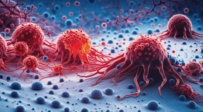 Cancer cells vis - 3d rendered image, enhanced scanning electron micrograph (SEM) of cancer cell. Visual of overall shape of the cell's surface at a very high magnification. Medical research concept.