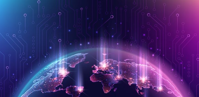 Map of the planet. World map. Global social network. Future. Vector. Violet and blue futuristic background with planet Earth. Internet and technology. Floating blue plexus geometric background.