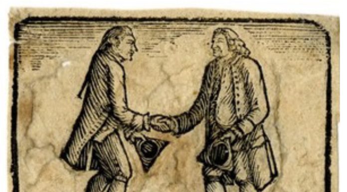 ‘Two Merchants Shaking Hands’ (c.1776), engraved by Thomas Bewick. [British Museum Prints & Drawings, no: 1882,0311.3998]