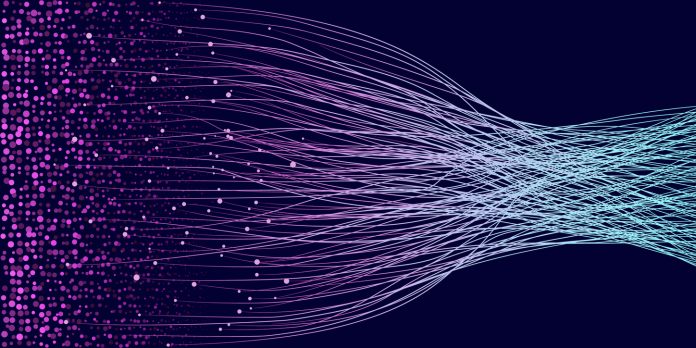 Waving lines with dots as big data visualization. Chaos and order illustration.