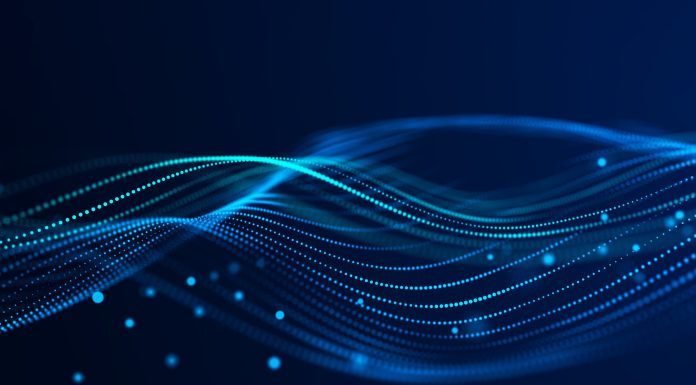 Abstract background grid. Data stream. Futuristic blue particle wave. 3d .