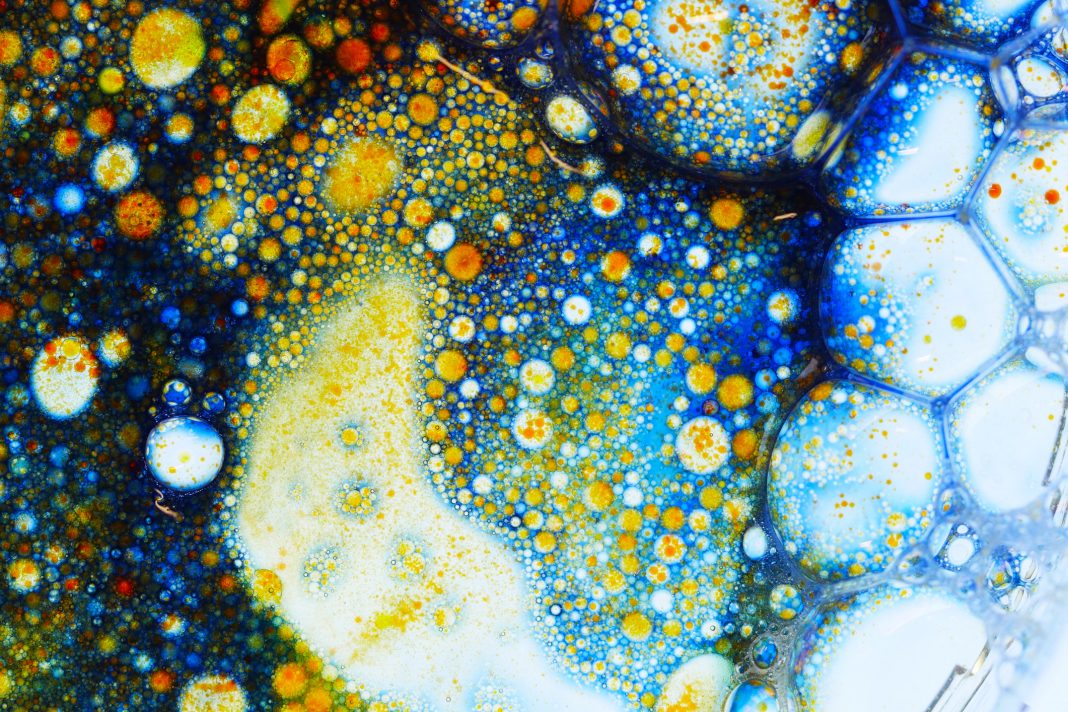 Petri dish with close up colourful detailed bubbles on a white background. Marco shot with a white backlight. mechanical energy