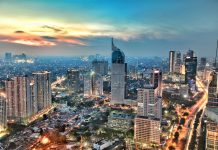 City skyline at sunset, Jakarta, Indonesia stock photo
