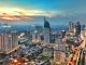 City skyline at sunset, Jakarta, Indonesia stock photo