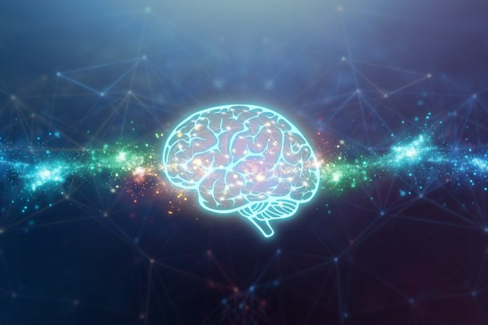abstract data stream illustration with a brain symbol