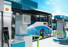 Hydrogen powered city bus in hydrogen fuelling station.