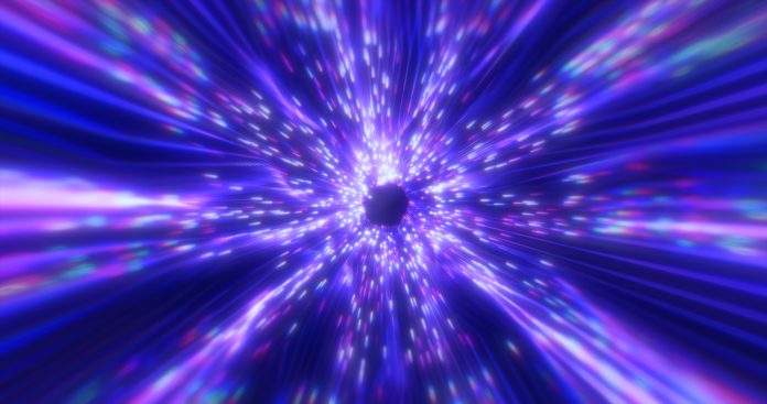 Beautiful abstract purple tunnel made of futuristic digital stripes and lines glowing with bright magic energy on a black space background. Abstract background.