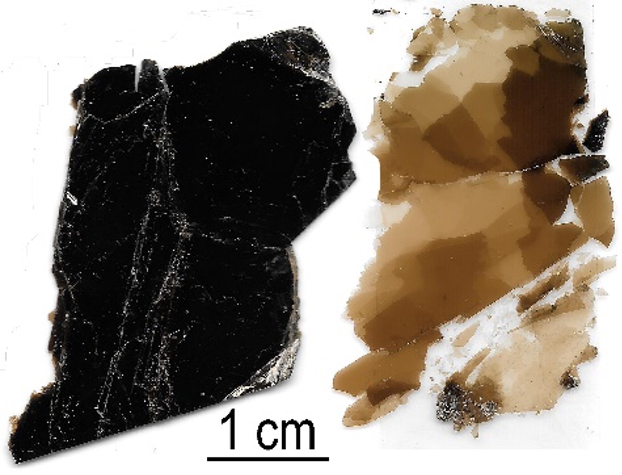 Figure 4: Left: A piece of the black mica, biotite; right: layers peeled off the biotite with tape
