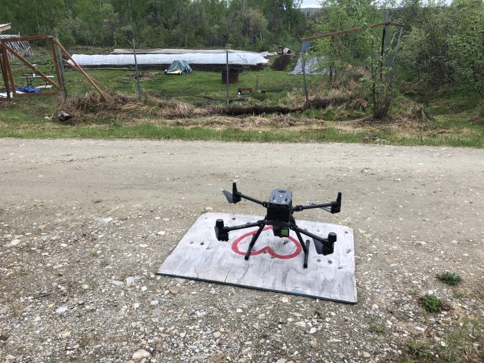 Permafrost Grown’s project UAV, a DGI Matrice 3000 with a LiDAR camera, prepares to take off for a survey at a farm site in Fairbanks, AK.