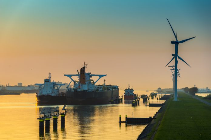 harbor and wind turbines