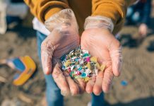 Hands with microplastics on the beach