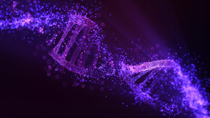 DNA molecule model. Glowing particles
