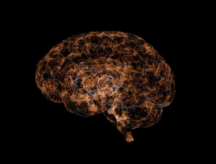 Abstract polygonal brain with connected dots and lines. Artificial intelligence 3d illustration