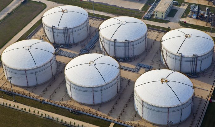 Giant fuel storage tanks seen from above