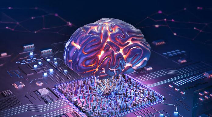 Digitally Generated Image of Artificially Intelligent Human Brain Above Circuit Board