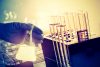 Flask in scientist hand with test tube in rack